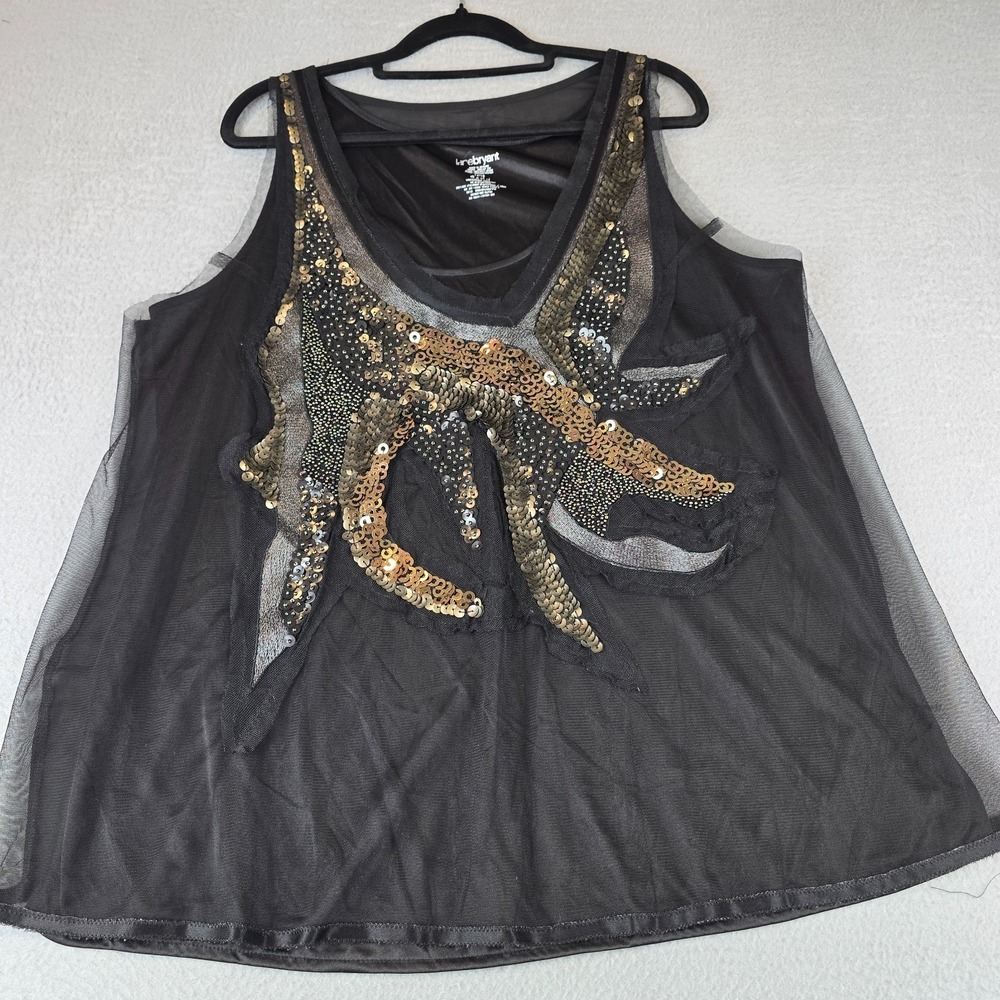 Lane Bryant Mesh Top Women 14/16 Black Lined Sequin Trim Lightweight Deep V Neck